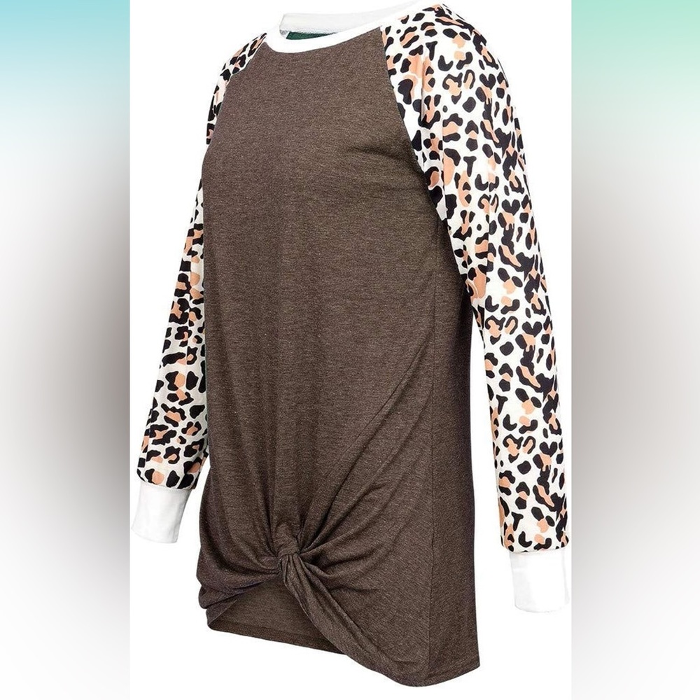 Coffee Color Top With Leopard Panel Contrast Sleeves - Picture 2 of 3